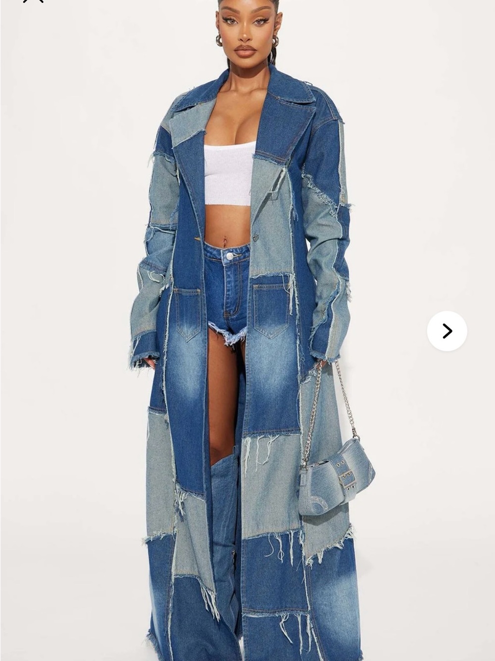 Fashion Nova Patchwork Denim Trench Coat - Blue